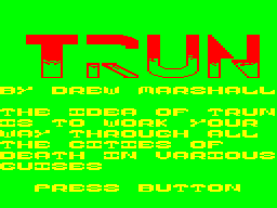 Trun (Dragon 32/64) screenshot: Title screen and instructions
