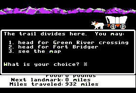 The Oregon Trail (Apple II) screenshot: A divide in the trail. Choose which way to go.
