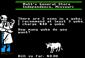 The Oregon Trail (Apple II) screenshot: Buying oxen.