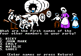 The Oregon Trail (Apple II) screenshot: Naming my party.