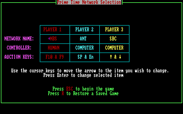 Prime Time (DOS) screenshot: The main menu