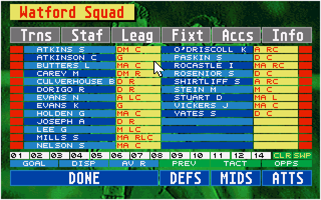 Championship Manager (DOS) screenshot: Your squad. Select the players you want to play.