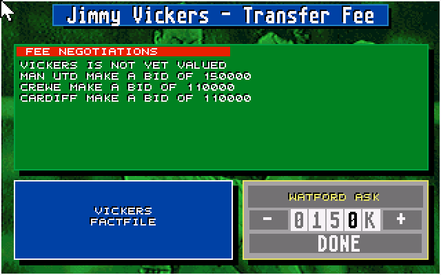 Championship Manager (DOS) screenshot: Want a player? Make an offer.