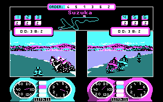 Superbike Challenge (DOS) screenshot: Racing around the curve (and so is your opponent).