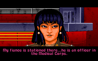 Wing Commander: The Secret Missions (DOS) screenshot: The first mention of Spirit's fiancee, a plot device that will play out in Wing Commander 2. (VGA)