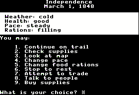 The Oregon Trail (Apple II) screenshot: Options on the trail.