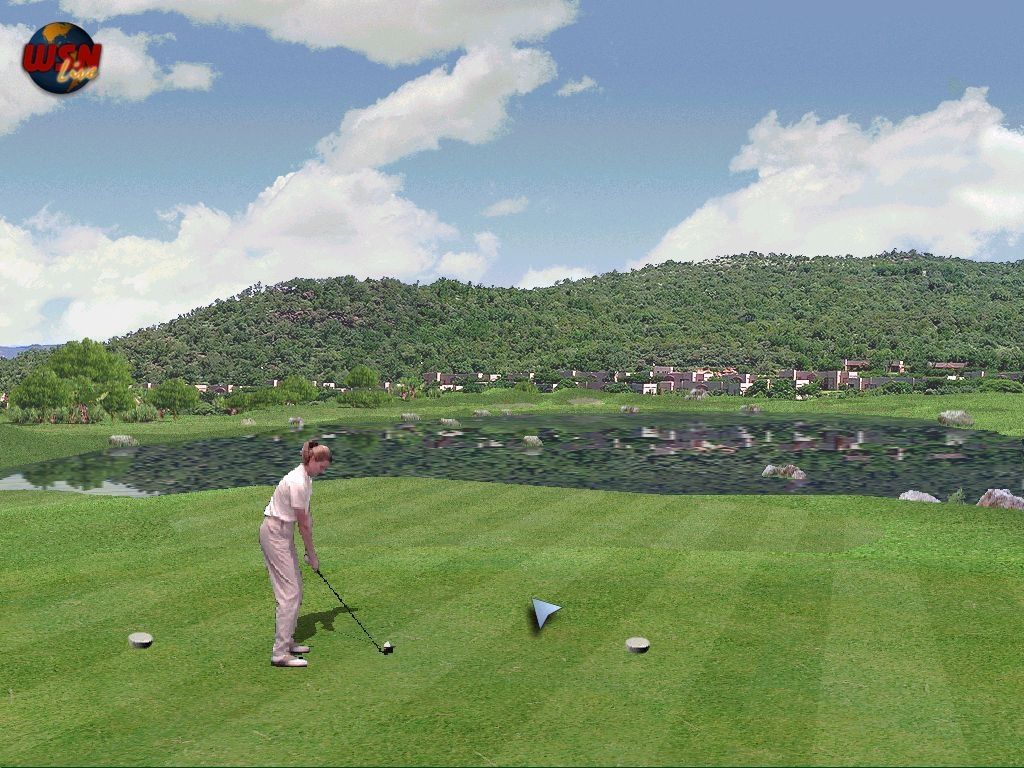 Pro 18 World Tour Golf (Windows) screenshot: The third hole of the Lost City course showing Jackie, one of the amateur golfers. The water effects aren't that special