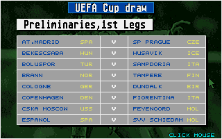 Championship Manager (DOS) screenshot: The preliminary draw for the UEFA Cup