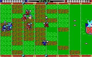 Grave Yardage (DOS) screenshot: Who's got the ball? Let's get him! (EGA)
