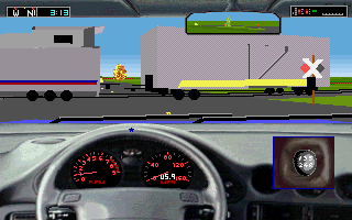 Road & Car: Test Drive III - The Passion: Add-On Disk #1 (DOS) screenshot: Waiting for the train to pass.