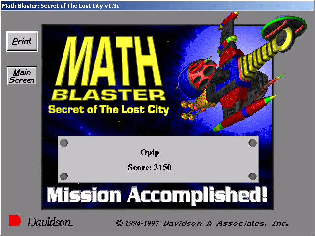Math Blaster: Episode 2 - Secret of the Lost City (Windows) screenshot: Your score, print?