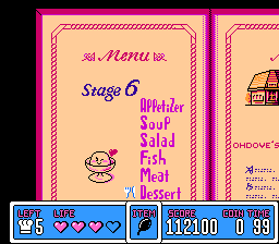 Panic Restaurant (NES) screenshot: Each level is a course on the menu.