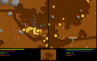 Liero (DOS) screenshot: The broad selection of weaponry makes for surprisingly varied gameplay experiences