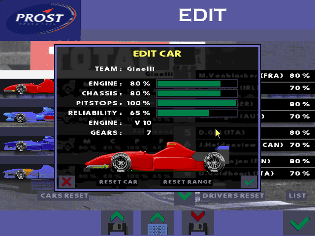 Prost Grand Prix 1998 (DOS) screenshot: While only Prost is licensed, players can rename all teams and define how good each car is