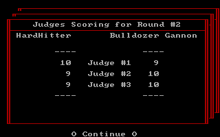 Star Rank Boxing II (DOS) screenshot: Here are the scores for the round (Tandy/PCjr).