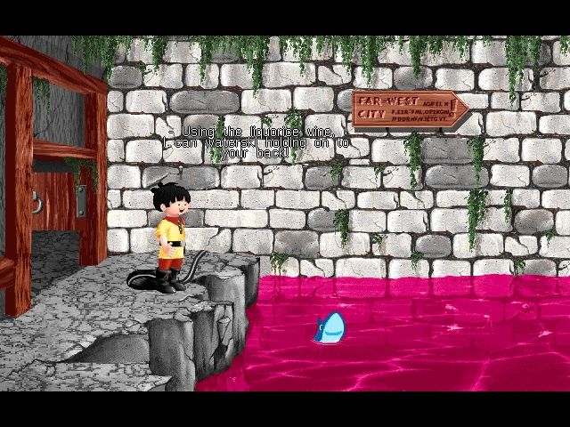 Hariboy's Quest (DOS) screenshot: Crossing the jelly river into the Wild West