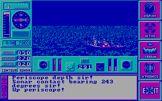 The Hunt for Red October (DOS) screenshot: Periscope view; I have a surface contact! (CGA)