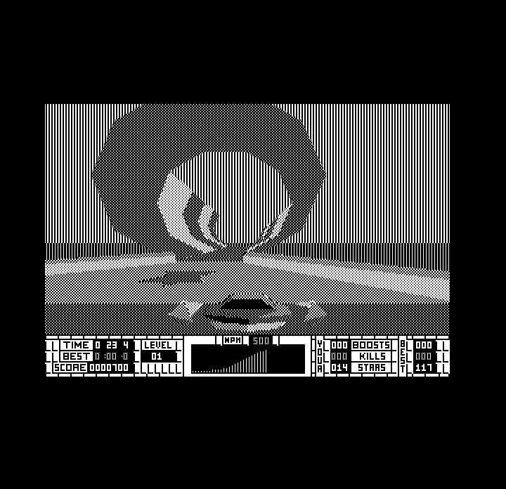 S.T.U.N. Runner (DOS) screenshot: Nearing a tunnel (Hercules Monochrome)