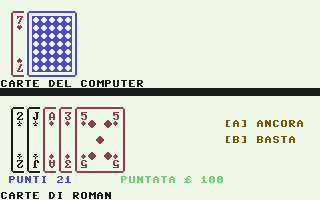 Black Jack (Commodore 64) screenshot: You've gathered 21 points.