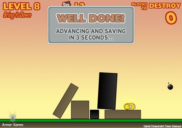Totem Destroyer (Browser) screenshot: Eighth level completed.