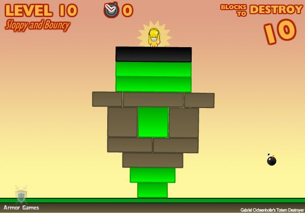 Totem Destroyer (Browser) screenshot: The green blocks have a disastrous effect on the stability.