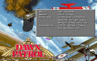 Dawn Patrol (DOS) screenshot: Title screen and credits in VGA (low-res) mode