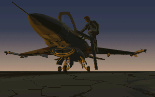 Strike Commander (DOS) screenshot: Time to wipe clean the F16 again...