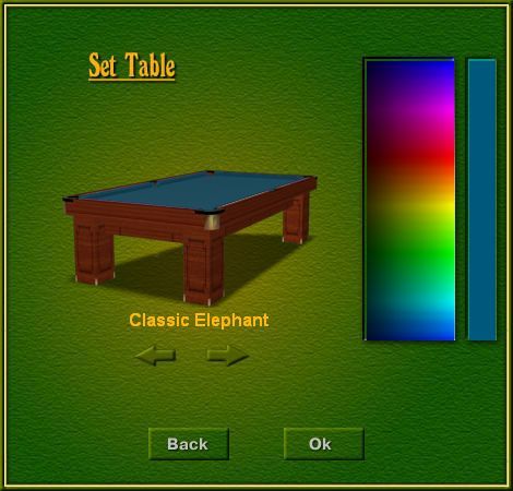 Live Billiards (Windows) screenshot: There are two kinds of table to choose from and the cloth colour on each can be customised