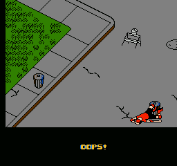 Rollerblade Racer (NES) screenshot: Fell on a trashcan lid.