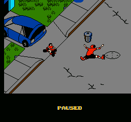 Rollerblade Racer (NES) screenshot: Doing a spread eagle jump.