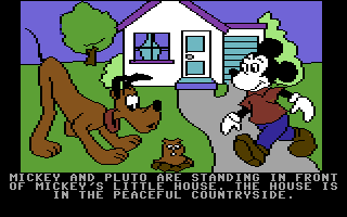 Mickey's Space Adventure (Commodore 64) screenshot: Earth - Outside Mickey's house.