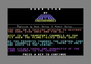 Dark Star (Commodore 64) screenshot: Title/Instructions (Mastertronic)