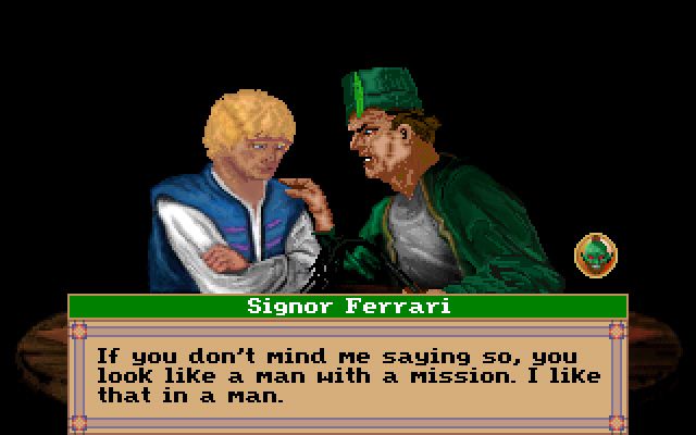 Quest for Glory II: Trial by Fire (Windows) screenshot: Signor Ferrari is not exactly a man of the people.