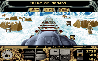 Arctic Baron (DOS) screenshot: Sometimes nomads show up near the rails to trade. They're prices are decent and they sell rare items that fetch a high price at any city.