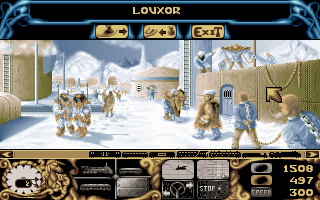 Arctic Baron (DOS) screenshot: Some towns are practically a place to buy and sell slaves. Slaves are useful for hard labor such as mining, building bridges or even catching wild mammoth.