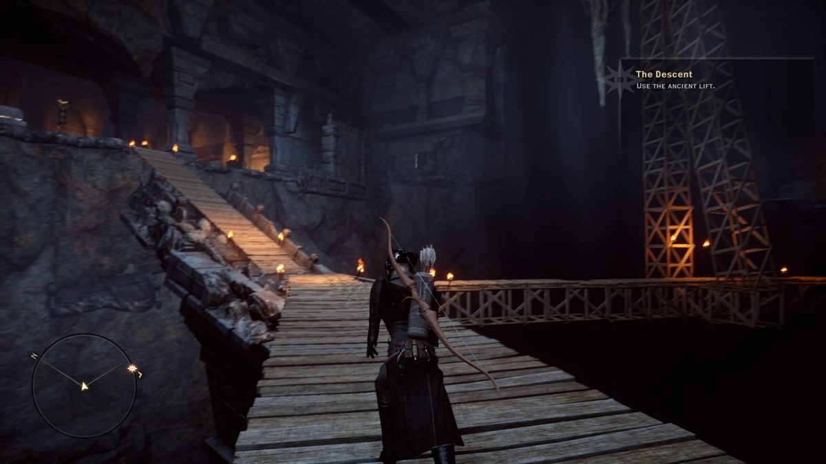 Dragon Age: Inquisition - The Descent (PlayStation 4) screenshot: Building wooden bridges lets you cross the chasms and reach new areas