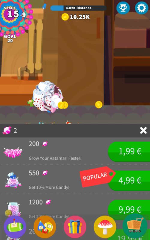Tap My Katamari (Android) screenshot: In-app purchases for candy