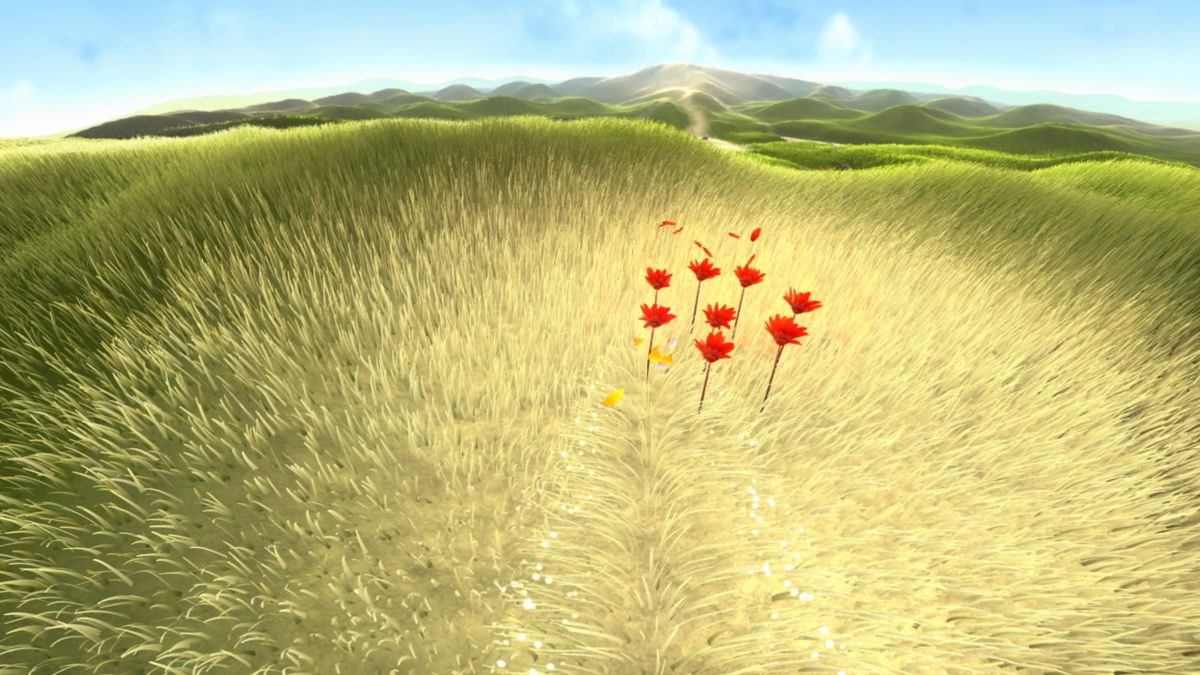 Flower (PlayStation 4) screenshot: Swooping down on a small group of red flowers