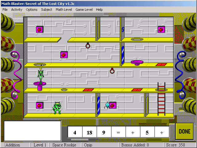 Math Blaster: Episode 2 - Secret of the Lost City (Windows) screenshot: Spot operates the lift for the commander.