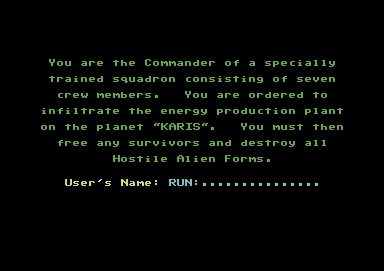 Force 7 (Commodore 64) screenshot: Story and user name input