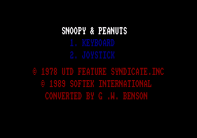 Snoopy: The Cool Computer Game (Amstrad CPC) screenshot: Main menu