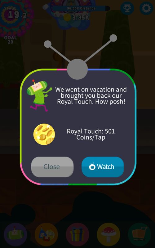 Tap My Katamari (Android) screenshot: When you return, you can optionally choose to double the collected coins by watching a video advertisement.
