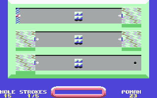 Simulgolf (Commodore 64) screenshot: Obstacles and teleporting gates