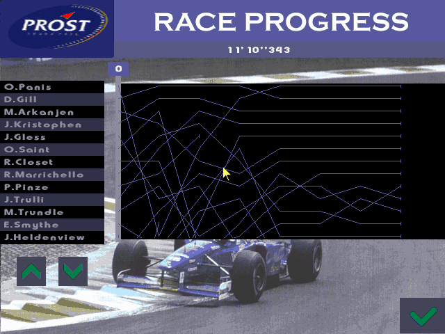 Prost Grand Prix 1998 (DOS) screenshot: Race progress screen.