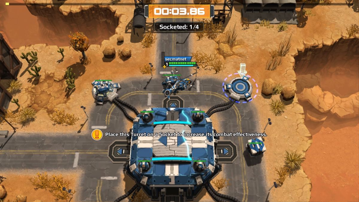 AirMech (PlayStation 4) screenshot: Placing turrets onto the sockets increase your base's defenses