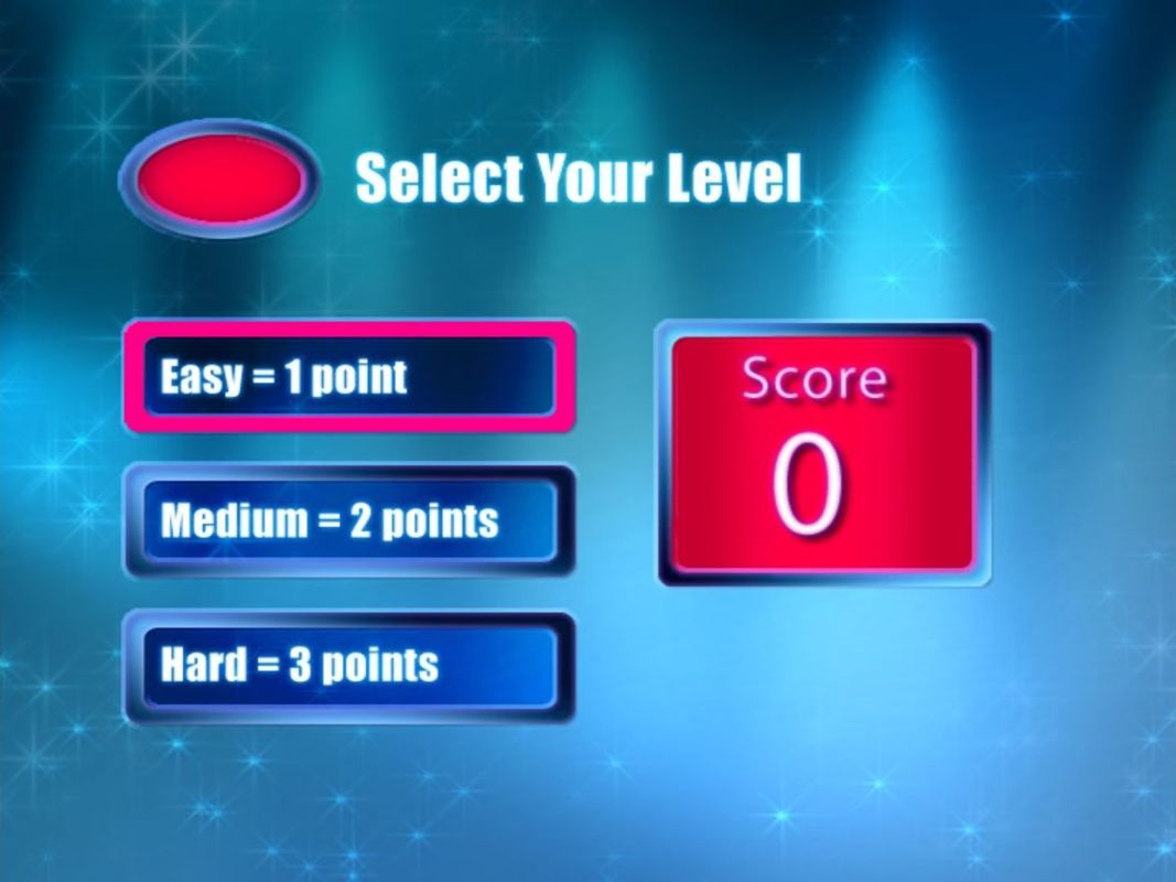 The Greatest TV Trivia Quiz (DVD Player) screenshot: The first part of each round has teams being asked questions in turn. Here it's the start of the game and the red team are selecting the difficulty of their question