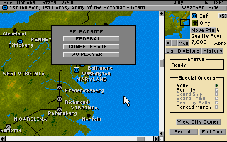 Edward Grabowski's The Blue & The Gray (Amiga) screenshot: Fighting side selection