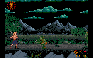 Wrath of the Demon (DOS) screenshot: Doing battle with a pair of orcs