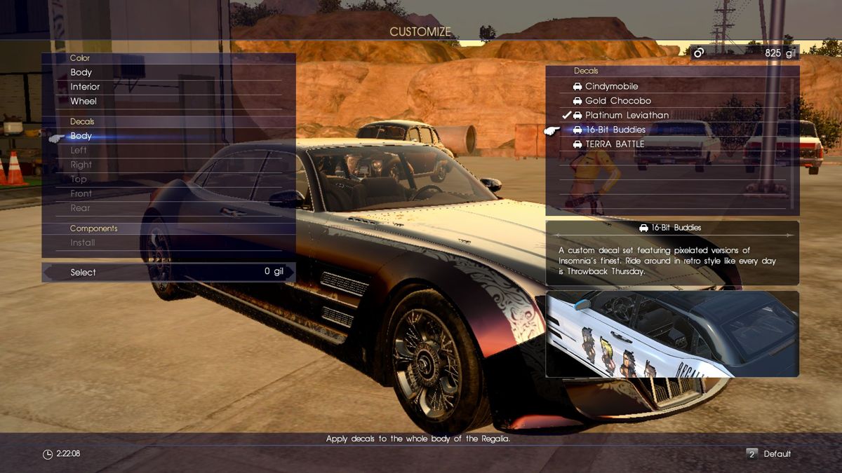 Final Fantasy XV: Windows Edition (Windows) screenshot: You can customize your car