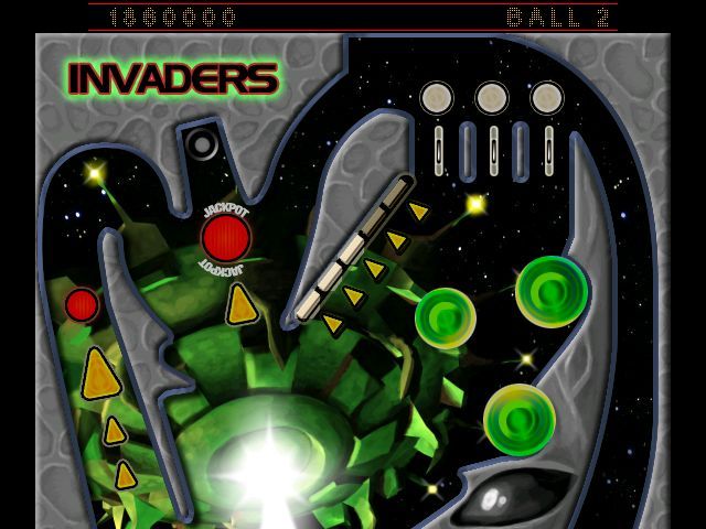 Pinball Master (Windows) screenshot: This 2D table is called Abduction in the game browser but it's called Invaders on the table. Several tables have been renamed like this